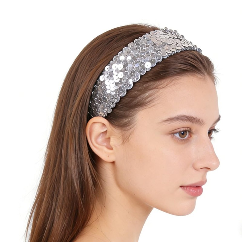 2PCS Elastic Sparkly Headband 5cm Wide Sliver Sequin Headbands For