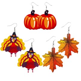 3Pairs Fall Earrings 2024 Thanksgiving Earrings for Women Fall Pumpkin Turkey Maple Leaf Leather Earring Thanksgiving Dangle Earring Festival Holiday Autumn Earring Jewelry-leather/Turkey