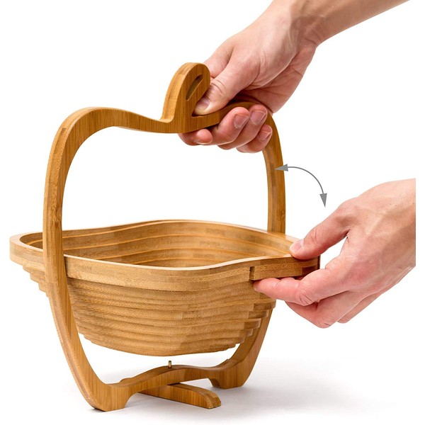 electromax Foldable Apple Shaped Basket: 30 x 27 x 22.5 cm Folding Bamboo Fruit Bowl Holder Basket and Cutting Board Bamboo Wood Fruit Bowl with an Apple Design, Natural Bamboo Brown