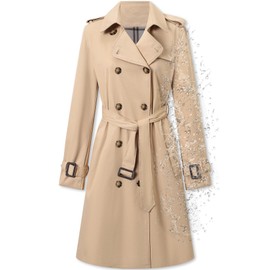 Betusline Women's Trench Coat Waterproof Double Breasted Classic Windbreaker Lapel Dress Outerwear with Belt, Khaki, Large