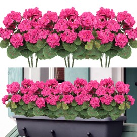 Dremisland 6 Pack Artificial Geranium Flowers for Outdoors Fake Geranium Silk Flowers Outdoor UV Resistant Garden Plants Bush Faux Flowers for Home Wedding Table Centerpieces Decor(Rose Red, 6Pack)