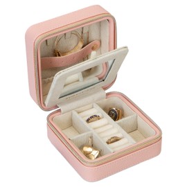 Ruby + Cash Faux Leather Travel Jewelry Box Organizer Zippered Storage Case, Good for Rings, Necklaces, Bracelets & Earrings, 4.6"x 4.6"x 2.6", Blush
