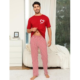 EISHOPEER Mens Pajamas Set Cotton Soft Sleepwear Long Sleeve Heart Top &Pants Wine Red Striped Large