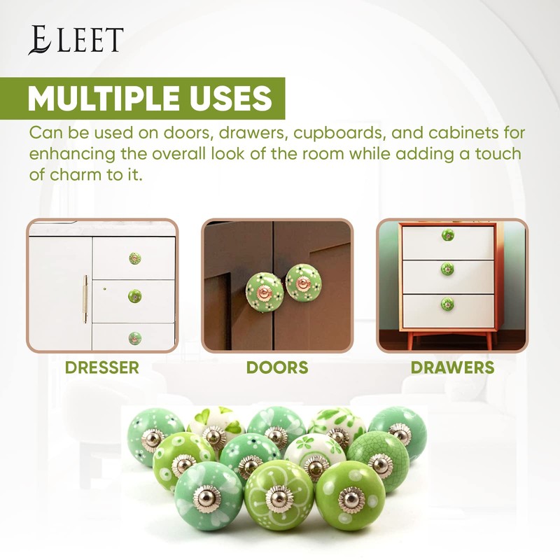 Eleet Handpainted Designer Ceramic Knobs - Pack of 12 Green