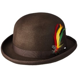 Unisex Hard Top Wool Bowler Hat With Feather Satin Lined Sizes S to XL