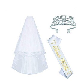 AmaJOY Set of 3 Bachelorette Party Supplies Bride to be Kit Bride-To-Be Satin Sash, Bachelorette Tiara/Crown, Bachelorette Veil with Comb,White
