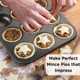 Mince Pie Baking Tray 12 Cup - Jam Tart Baking Tins - Commercial Grade Premium Non Stick Carbon Steel - Food Safe Easy Clean Shallow Bun Tins for Baking Tart Tray
