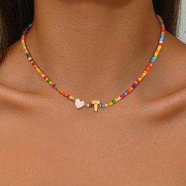 Goldegg Initial Choker Necklace for Women, 14K Gold Plated T Initial Necklace Colorful Bead Heart Initial Letter Choker Necklace Gold Jewelry Gifts for Women