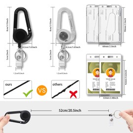 AMTAM 2 Retractable Keychains, Heavy Duty Carabiner, 65CM/22.5" Extension Cord with Wallet Cord, Key Ring, 2 Waterproof Clear Card Holders, 2 ID Credit Card Sleeves with Thumb Slots (Black | White)