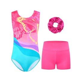 Tziharora Leotards for Girls Gymnastics Size 6-7 Years Old Kids One Piece Pink Green Butterfly Gym Outfits with Hair Scrunchie