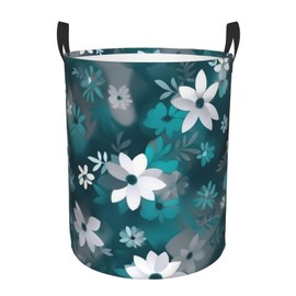 Teal Grey and White Floral Large Laundry Hamper Round single layer dirty clothes basket standing dirty clothes bag 62L Tall Hamper Basket Circular hamper