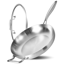 Bzayeat 14-Inch Tri-Ply Stainless Steel Frying Pan with Lid & Detachable Handle - Induction Compatible Skillet, Oven & Dishwasher Safe, Ideal for Frying, Sautéing & Simmering