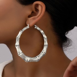 Large Bamboo Hoop Earrings for Women Hip Hop Chunky Gold Hoop Earrings 80s 90s African Jewelry Gifts Rapper Party Accessories (Silver Bamboo Earrings)