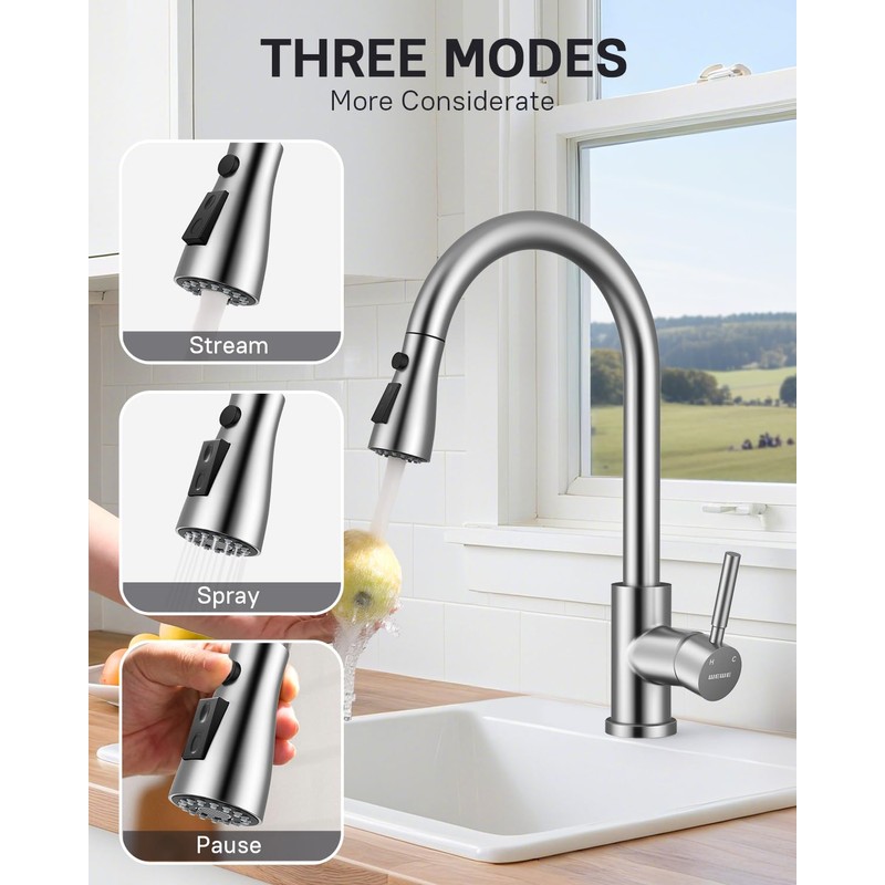 WEWE Kitchen Faucets with Pull Down Sprayer, Leak-Proof Stainless Steel