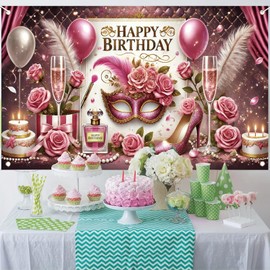 Starlit Patio High Heel Birthday Party Backdrop, Glamorous Pink Gold High Heel Shoe Glitters, Polyester Fabric, Ideal for Women's Birthday Parties