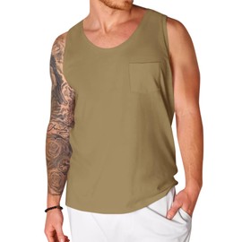 Runcati Men's Sleeveless Tank Tops Crewneck Workout Gym Cotton Muscle Pocket T Shirt Camel