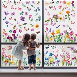 QNTCCX Spring Window Clings Stickers - Vibrant Tulip Butterfly Flower Designs,132 Anti-Collision Double-Sided Decals for Glass Windows, Perfect Spring Party Supplies and Home Decor
