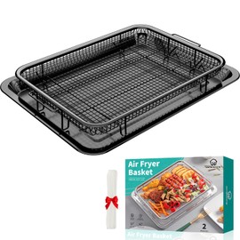 Air Fryer Basket for Oven, OPENICE 15.6" x 11.6" Air Fryer Tray and Pan Set with 30PCS Parchment Papers, Stainless Steel Oven Air Fryer Basket and Tray for Baking Grilling - Black