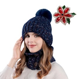 LYGGIE Winter Knit Pom Pom Beanie Hat Scarf Red Christmas Flower Brooch Pin 3 PCS Winter Set for Women Fleece Lined Knit Ski Hat Winter Warm Cap and Neck Warmer for Girls