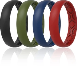 ThunderFit - Alianza de boda de silicona para mujer, transpirable, con ranuras de aireación, 4 mm de ancho, 1.5 mm de grosor, 12 anillos/8 anillos/4 anillos/1 anillo, Negro, Rojo oscuro, Azul oscuro, Oliva, 7.5 - 8 (18.2mm)