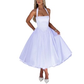 Women Summer Halter Dress Low Cut Sleeveless A Line Tulle Swing Flowy Tea Length Dress Corset Prom Formal Ball Gowns (Light Purple, Small)