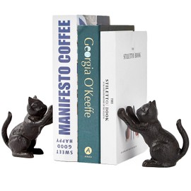Denique Cat Decorative Bookends, Cute Book Ends to Hold Books, Bookends for Shelves, Unique Cast Iron Book Stopper for Heavy Books, Cat Office Decor, 1 Pair/2 PCS