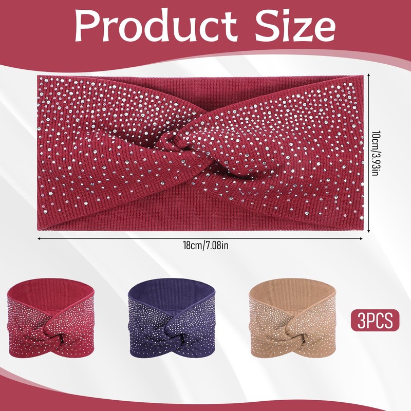 Rhinestone Wide Headbands for Women, 3 Pcs
