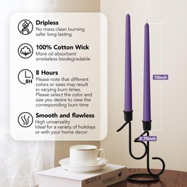 Pickood New Burning Formula Unscented Dripless 10-Inch Taper Candles Set of 12 - Purple, for Wedding, Dinner - Smokeless, Long Burning - Hand Poured, Colored Tall Candlesticks - Púrpura