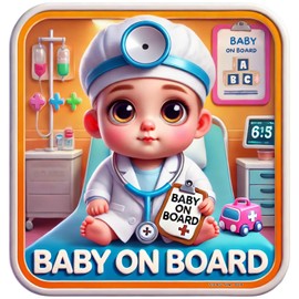 Premium Baby On Board Signs, Car Essentials - Baby On Board Sticker - 2 Pack, 5" by 5" - Cute - Cartoon Safety Signs - Non Magnet - Durable Strong Adhesive (Doctor)