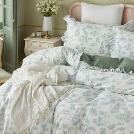 Brandream French Country Toile Duvet Cover Set Twin Size for Girls Bedroom Vintage Green Toile Floral Print 100% Cotton Kids Duvet Quilt Comforter Cover Pillow Shams Set with Ruffles Design