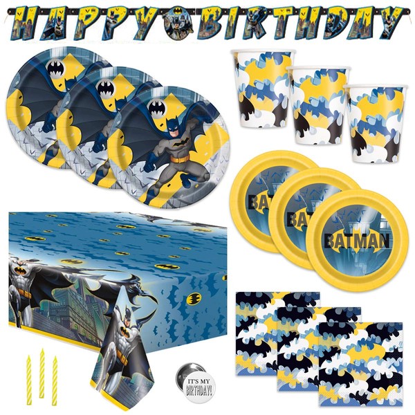 Batman Theme Birthday Party Supplies Set - Serves 16 Guests - Banner Decoration, Tablecover, Plates, Cups, Napkins, Candles, Button