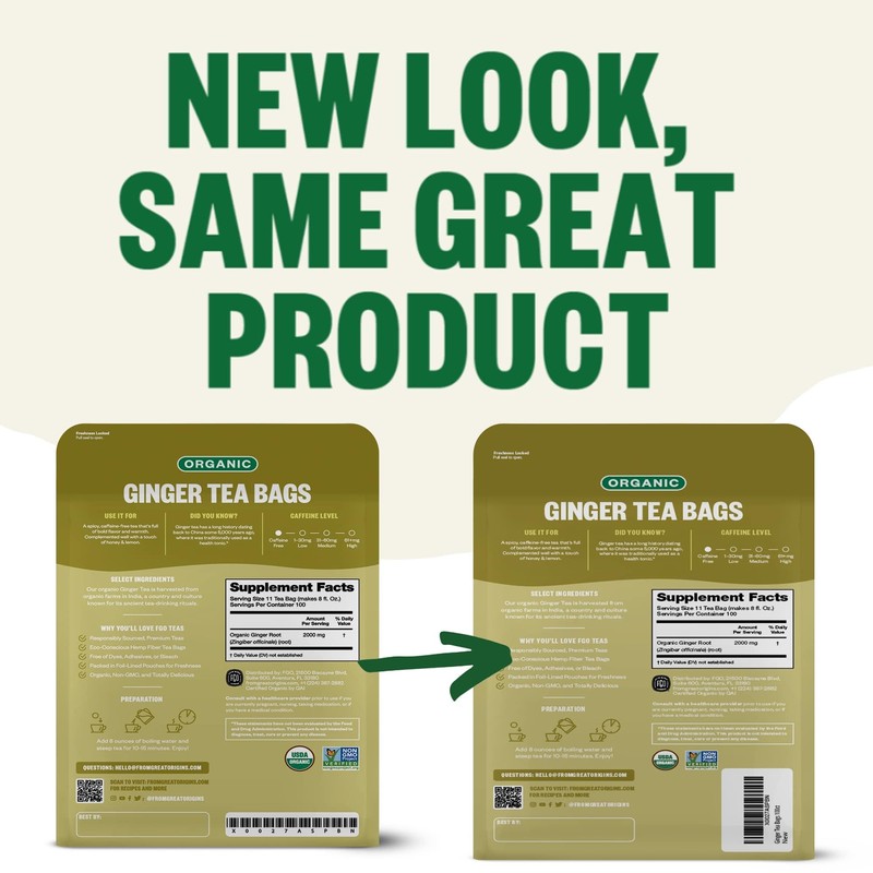 FGO Organic Ginger Tea, 100 Count, Eco-Conscious Tea Bags, Caffeine