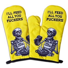 GOSJINNK 2 Pcs Funny Skeleton Oven Mitts I'll Feed All You Fxxkers Heat Resistant Kitchen Mitts Silicone Non-Slip Baking Mitts Cooking BBQ Gift Novelty Birthday Gift for Men Friend Chef Grill Master
