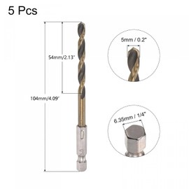 TA-VIGOR 5Pcs 5mm Hex Shank Twist Drill Bit Set, 1/4 Inch Shank HSS High Speed Steel Drill Bit Set Quick Change Twist Drill Bits for Woodworking, Plastic and Metal