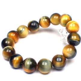 Happiness Stone Rare Luxury Natural Stone Accessory Two-Tone Tiger Eye (Gold Blue) Power Stone Bracelet (0.6 inch (14 mm) Front and Rear Beads)