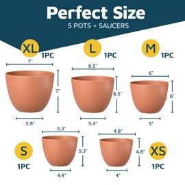Terracotta Plant Pots with Drainage Holes & Saucers 5 Packs, Indoor & Outdoor Stackable Plastic Planters in Multiple Sizes for Houseplants & Flowers, Durable & Weatherproof Materials, Matte Finish