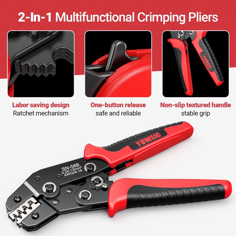 YUWEIC Ratcheting Wire Crimping Tool for AWG 24-16 Open Barrel