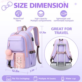 Backpack for Girls Women College Laptop Backpacks Girl Cute School Bag Kids Bookbag with USB Charging Port College Middle High Elementary School Backpack for Teen Girls Travel Daypack(Pink Purple)
