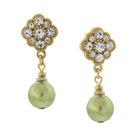 1928 Jewelry Women's Bridal Gold Tone Green Faux Pearl and Floral Crystal Post Earrings