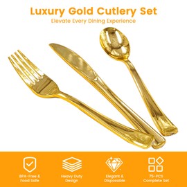 60 Pack Silver Plastic Silverware Set with Pre Rolled Napkins - Disposable Individually Wrapped Cutlery Set Includes 60 Forks, 60 Knives, 60 Spoons, 60 Napkins, Gold Utensils Set (Gold-25 Pack)