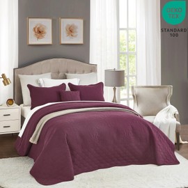 CHIXIN Bedspread Coverlet Quilt Set Full Size - Lightweight Bedding Cover - Ultrasonic Quilting - 4 Piece Reversible Bedspread - Elegant Damask Paisley Pattern (Full, Purple)