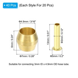 PATIKIL Brass Compression Sleeves Ferrules for 3/16 Inch OD Hose Tube, 40 Pack Brass Ferrule Brass Compression Insert Fitting Assortment Kit for Air Water Gas Pipe