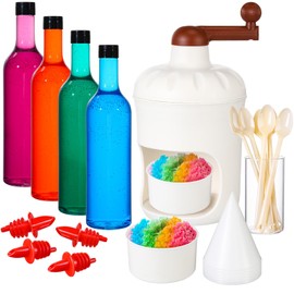 Zubebe Snow Cone Shaved Ice Machine Kit 6 Reusable Snow Cone Cups, 6 Spoons, 4 Plastic Syrups Bottles, 3 Reusable Ice Mold Snow Cone Machines for Home with Reusable Ice Mold, White
