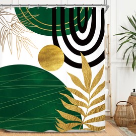 Miyotaa Abstract Emerald Green Gold Shower Curtain Set 60Wx71H Inches Minimalist Aesthetic Modern Contemporary Geometric Plant Leaves Polyester Waterproof Bathroom Curtain with 12 Hooks