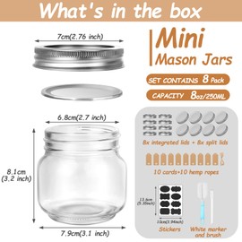 Sublaga Small Mason Jars 8 Pack 8oz/250ml with Regular Lids, Glass Canning Jars With Labels, Mini Glass Jars for Jam Jelly Spice Honey Herbs, Wedding Shower Favors Food Storage Candle Jars