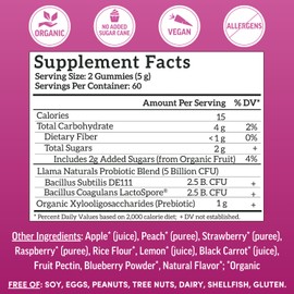 Llama Naturals Real Fruit Prebiotic & Probiotic Gummies for Adults, No Added Sugar Cane, Vegan Organic Synbiotics, Digestive Support, Women & Men Gut Health, 5B CFU, 120 ct (60 Days) Mixed Berry