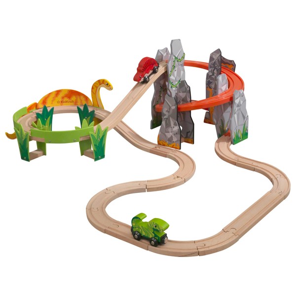 KidKraft Adventure Tracks™: Dino World Volcano Escape 32-pc. Wooden Train Track and Vehicle Play Set, Gift for Ages 3+