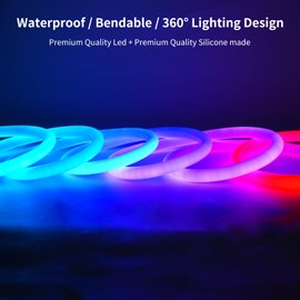 Smart RGB LED Rope Lights, IP68 Waterproof RGB+IC Silicone Strip Lights, Flexible Rope Light with APP and Remote Control, Dimmable Strip for Gaming, Living Room Bedroom Indoor/Outdoor Decor (12FT)