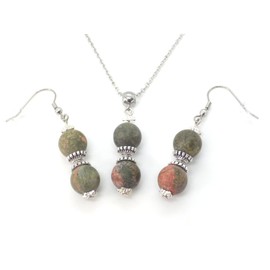 Damenohrringe und Halsketten-Schmuckset mit grünem Unakit-Perlenanhänger und tibetischen Perlen