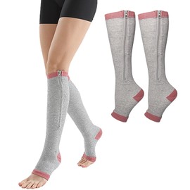 QICHEN Calcetines de compresión con cierre,2 pares de Calcetines de compresión con cierre,Calcetines de compresión de punta abierta，Calcetines de compresión con cierre (gris, L/XL)